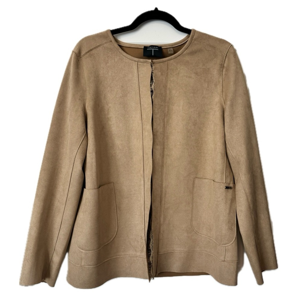 Tahari Faux Suede Jacket Tan Open Front Lightweight Size Large